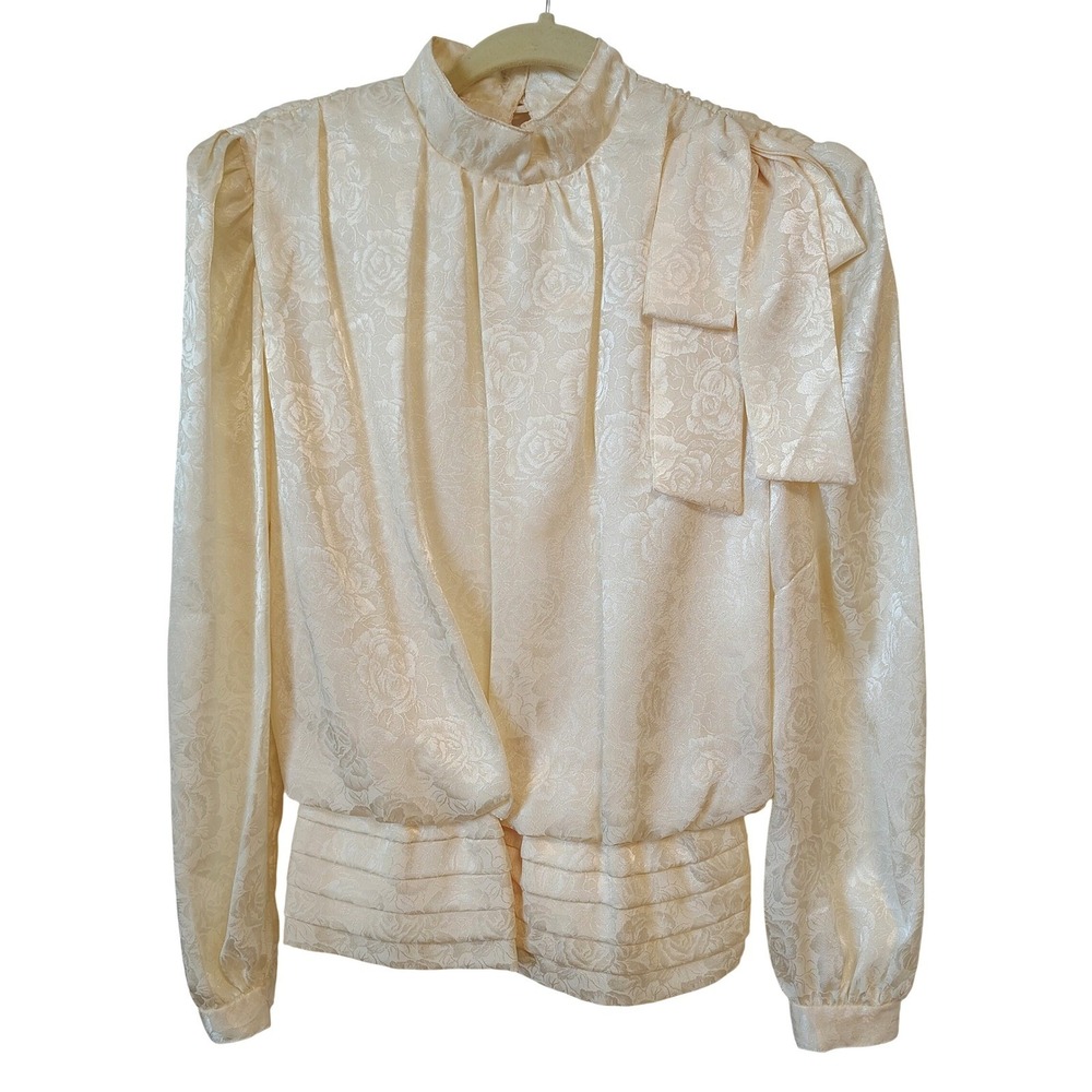 Act I Blouse Cream Floral Rose Satin Jacquard Mock Neck Bow 80s Vintage